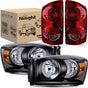 Headlight and Taillight Assembly Combo Compatible with 2007 2008 2009 Dodge Ram 1500 2500 3500 OE Style Black Housing Amber Reflector with Smoke Housing Tail Lights