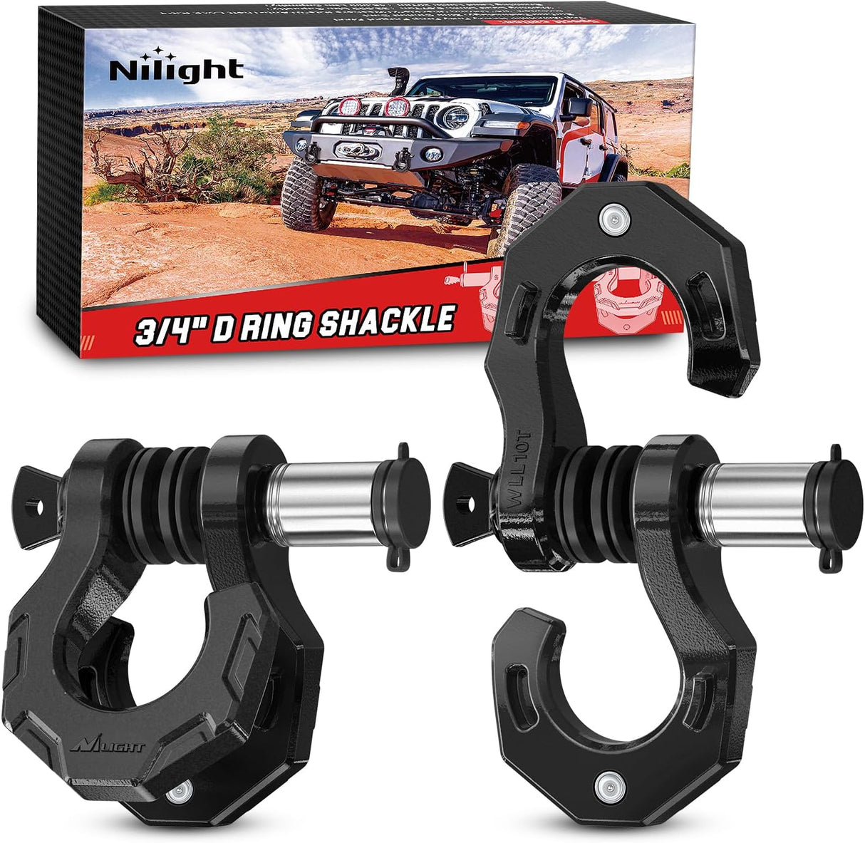 2 Pack 3/4 Inch D-Ring Separate Shackle with 7/8 Inch Lock Pin 45,000 lbs Break Strength, Off Road Recovery Shackle with Isolators Washers for Use with Tow Strap, Winch, Truck Vehicle (Black)