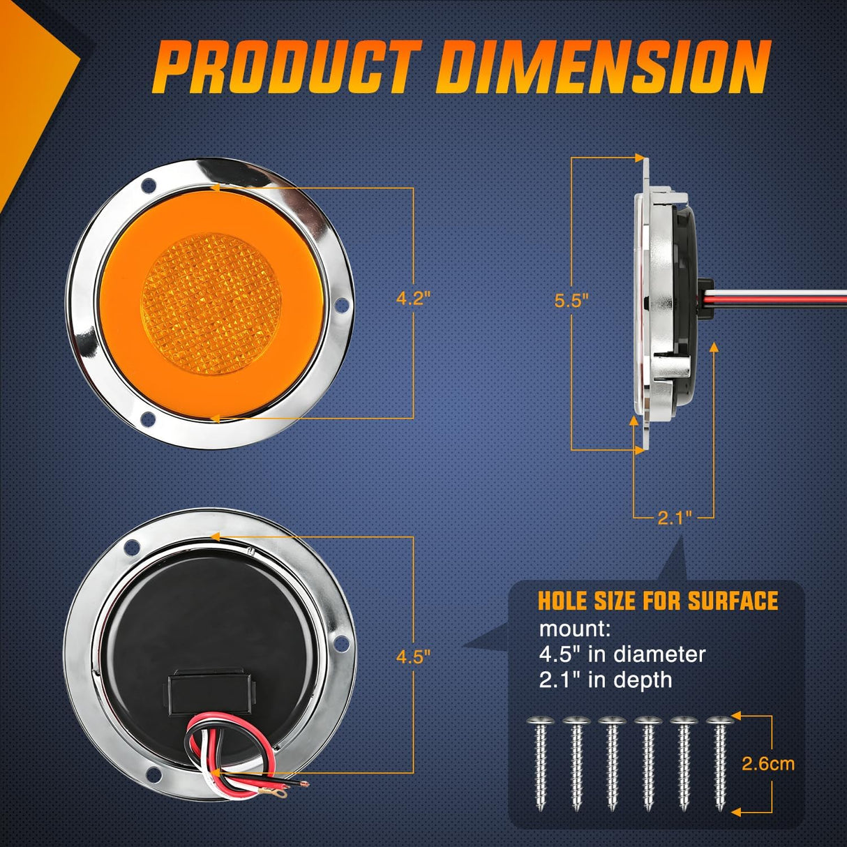 Trailer Tail Lights 2PCS 4Inch Round 32LED Amber Halo Chrome | Plated Frame Grommet Mount IP67 Waterproof Marker Clearance Turn Signal Running Taillights for Trailer Truck Pickup Camper RV