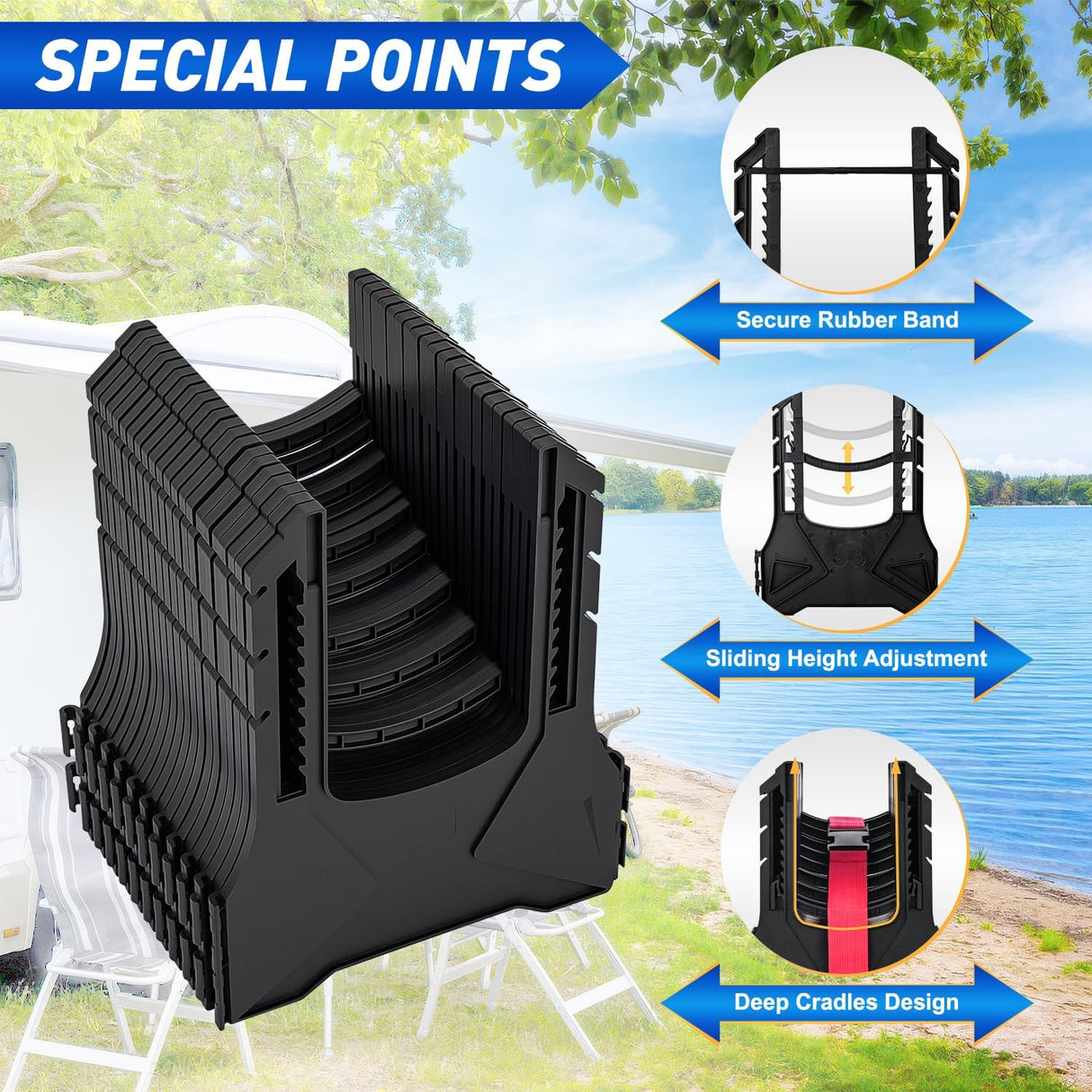 RV Sewer Hose Support 10Ft, Telescoping Design Avoid Obstacles and Height Adjustable for Camper Drainage, Easy to Set Up, Stable Deep U Shape Cradles Secure with Strap and Rubber Bands, Black