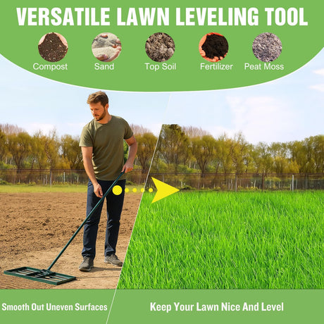 Lawn Leveling Rake 36 Inch for Soil Yard Leveling Rake with 36 Inchx10 Inch Ground Plate 72 Inch Steel Handle Effort-Saving Heavy Duty Ground Leveler Tool for Backyard Garden Farm Golf Course Landscaping