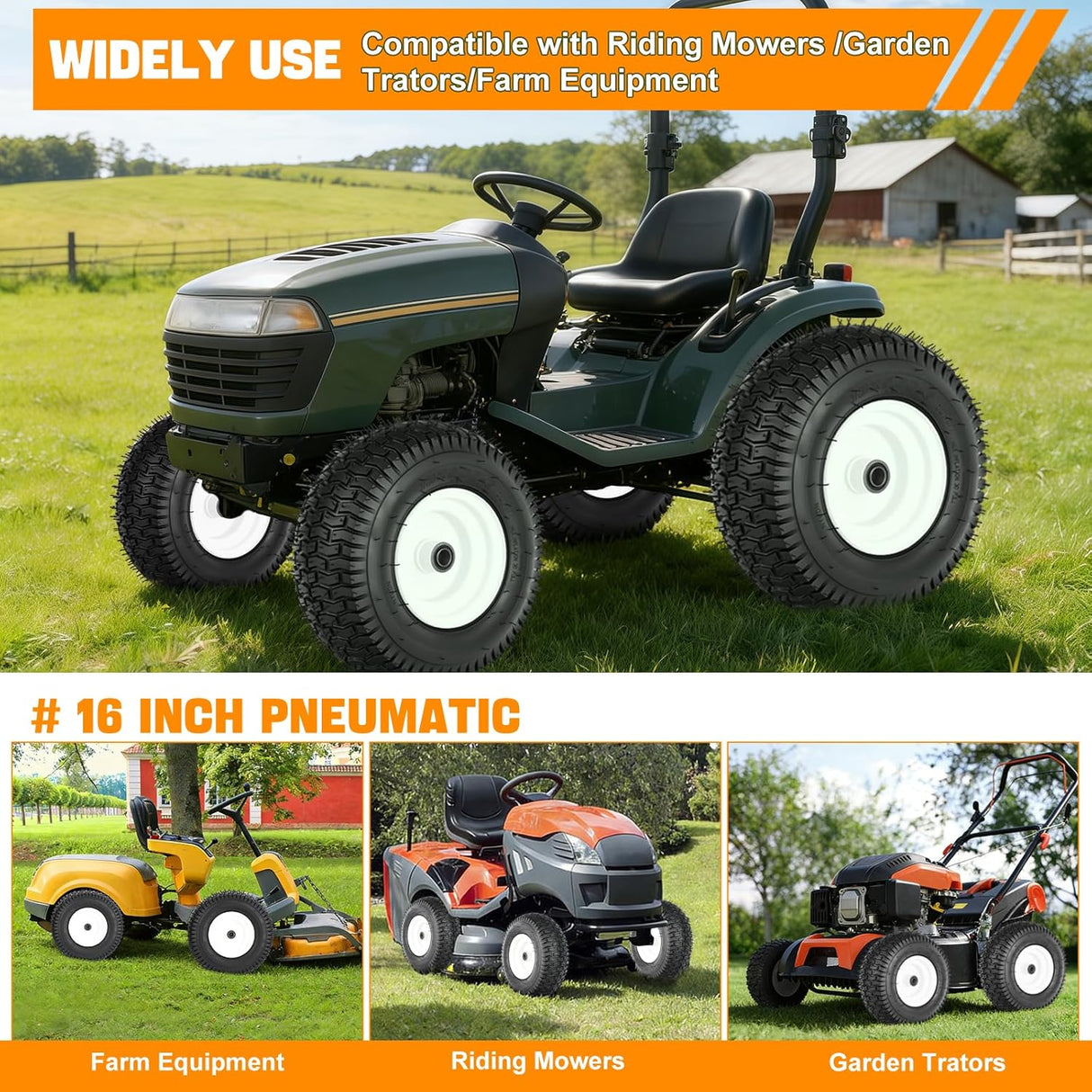 13x5.00-6 Lawn Mower Tires, 13 Inch Pneumatic Rubber Tire with 3/4 Inch Axle Bore & 3 Inch Hub Length, Air-Filled Replacement Wheels for Riding Lawn Mowers, 2 Pack