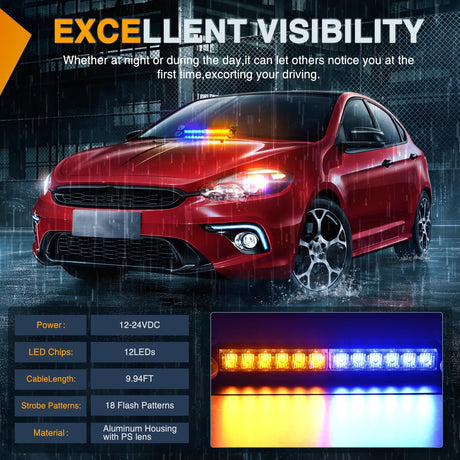 12LED Traffic Advisor Strobe Light Bar Amber Blue Emergency Warning Hazard Safety Dash Front/Rear Windshield Flashing Lights for Cars Trucks Police Firefighter Plow Construction Vehicles