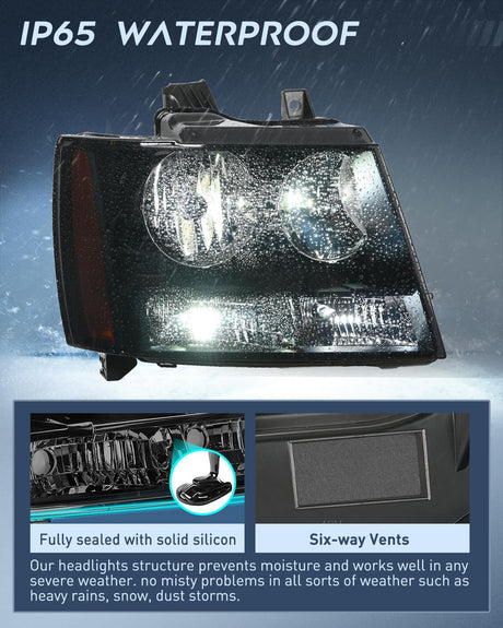 Headlight Assembly for 2007 2008 2009 2010 2011 2012 2013 2014 Chevy Avalanche Tahoe Suburban 1500 2500 Replacement Headlamp Bumper Lamp Set Black Housing Amber Reflector Smoked Lens