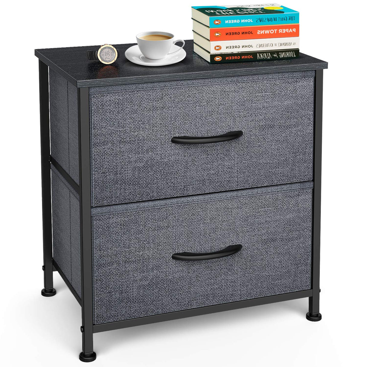 Dressers Dresser for Bedroom Storage Tower with 2 Drawers Fabric Bins Sturdy Metal Frame Wood Top Small Organizer Unit for Guest Room, Closet, Living Room, Hallway, Home Furniture, Office, Dark Gray