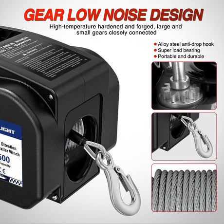 Boat Trailer Winch 3500 lbs Portable Electric Boat Winches 12 V DC Marine Winch with Remote Control and Hand Crank Power-in Freewheel Operation Waterproof Reversible Winch for Boat Trailer