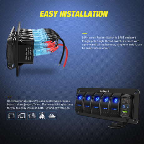 5Gang Aluminum 5Pin ON/Off Blue Rocker Switch Panel w/ PD Type C and USB Charger Voltmeter Nilight