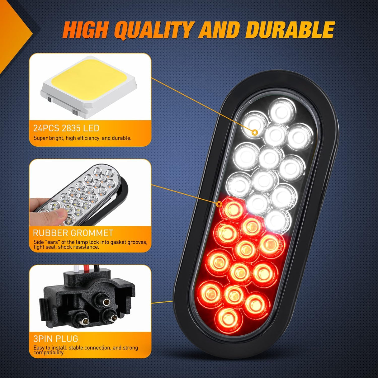 Strobe Light 2PCS 6Inch Oval 24 LED Red White Recessed Rubber Grommet Marker Clearance Road Flare Emergency Warning Lights IP67 Waterproof for Trailer Truck Pickup Camper RV Boat