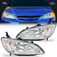 2004 2005 Honda Civic Headlight Assembly Chrome Housing Amber Reflector Upgraded Clear Lens