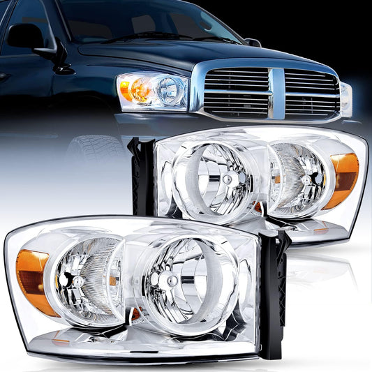 2007-2009 Dodge Ram 1500 2500 3500 Headlight Assembly Chrome Housing Amber Reflector Clear Lens Nilight