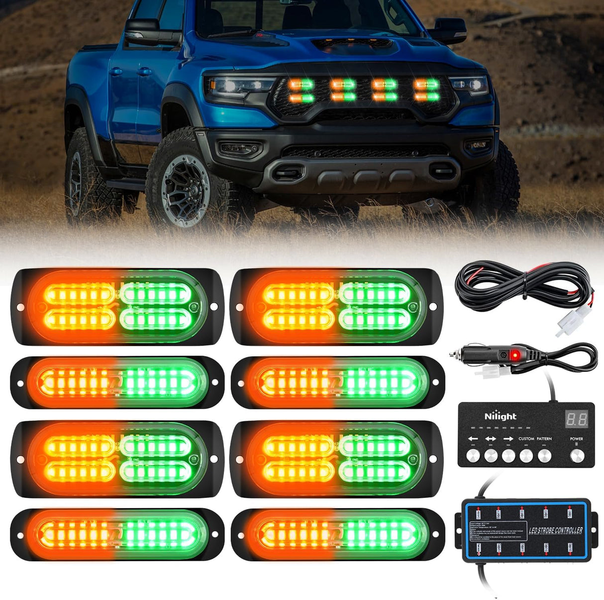 8PCS Led Strobe Lights with Controller 12V 24V Sync Feature Amber Green Light 12 24 LED Surface Mount Emergency Hazard Warning for Vehicle Car Truck RV ATV