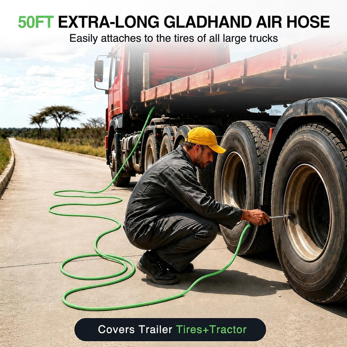 Heavy Duty Truck Tire Inflator Kit 3/8 in x 50 FT 300 PSI | Hybrid Air Hose with Universal Glad Hand and Air Chuck Lightweight Kink Resistant Semi Trailer Tractor Tire Inflation Hose