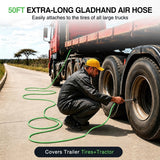 Heavy Duty Truck Tire Inflator Kit 3/8 in x 50 FT 300 PSI | Hybrid Air Hose with Universal Glad Hand and Air Chuck Lightweight Kink Resistant Semi Trailer Tractor Tire Inflation Hose