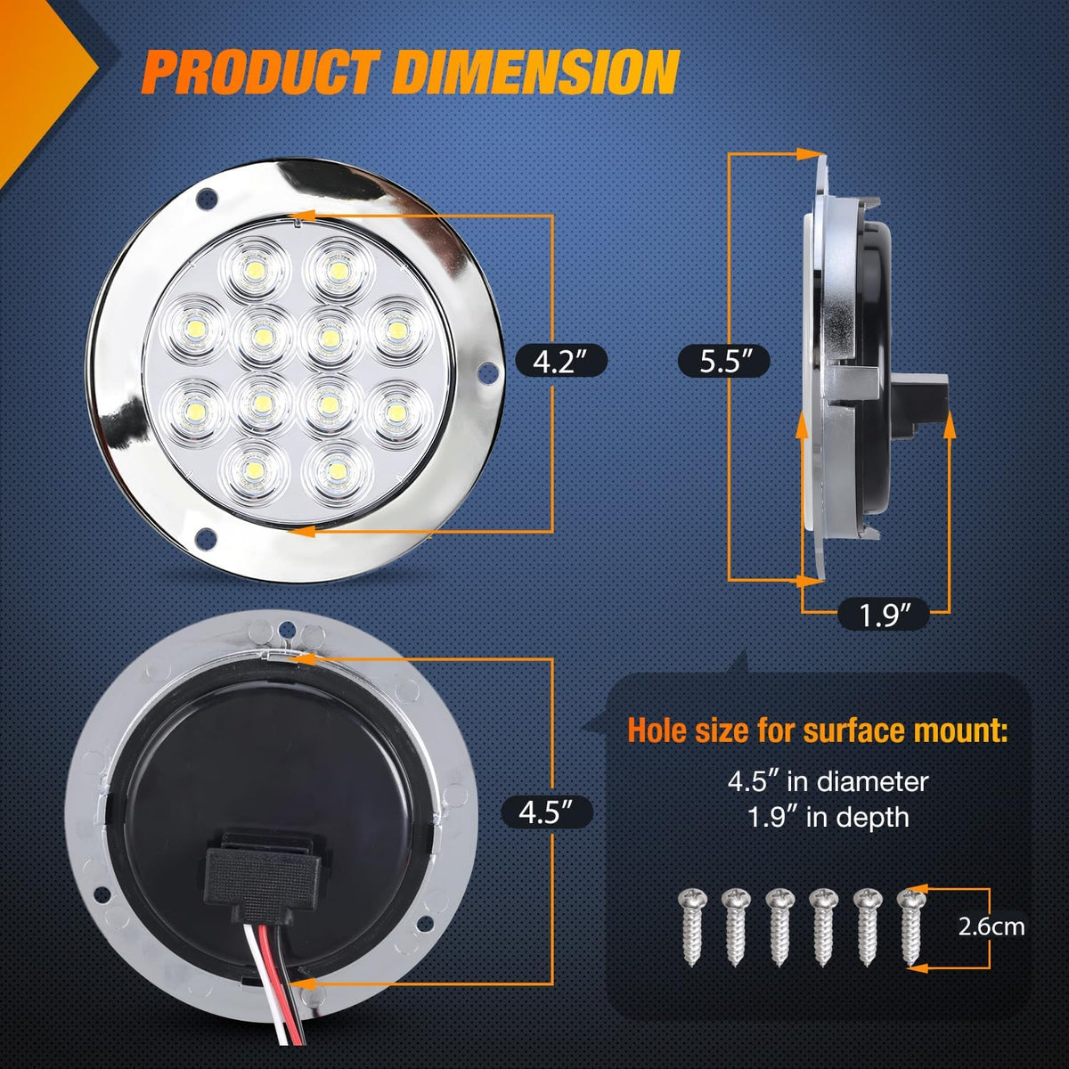 Trailer Tail Lights 2PCS 4Inch Round 12LED White Chrome Frame | IP67 Waterproof Marker Clearance Reverse Backup Running Taillights for Trailer Truck Pickup Camper RV