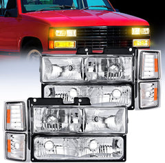 1994-1998 GMC Suburban Yukon Sierra C/K Series 1500 2500 3500 Headlight Assembly Chrome Case Amber Reflector