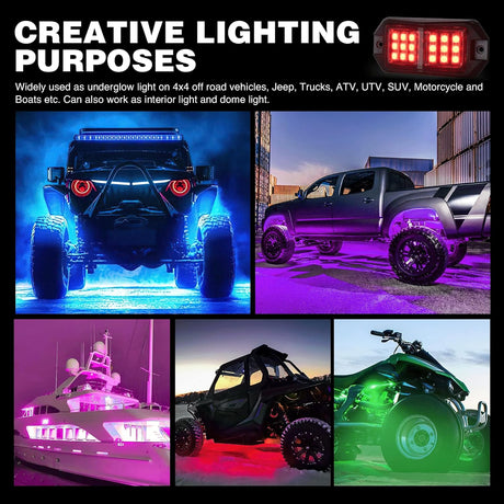 RGB LED Rock Lights Kit 4 PCS 18LED Wide Angle Wheel Well Light with Remote & Bluetooth App Dual Control Multi Modes Underglow Multicolor Neon Pod for ATV UTV SUV Offroad Truck RZR Boat