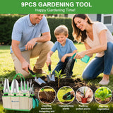 Gardening Tools 9-Piece Heavy Duty Garden Tool Set Gardening Supplies Gifts for Women Men Gardening Hand Tool Kit with Non-Slip Ergonomic Handle, Garden Bag, Durable Gloves and Shears, Green
