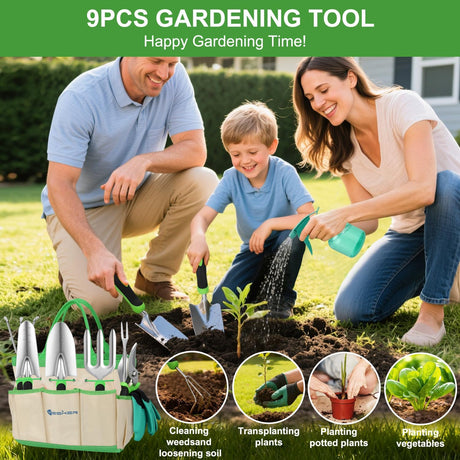 Gardening Tools 9-Piece Heavy Duty Garden Tool Set Gardening Supplies Gifts for Women Men Gardening Hand Tool Kit with Non-Slip Ergonomic Handle, Garden Bag, Durable Gloves and Shears, Green