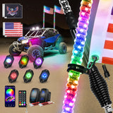 2PCS 4FT RGB LED Whip Light with Spring Base and 6 PCS Rock Lights Combo, Remote App Control w/DIY Chasing Patterns Turn Signal Brake Reverse Antenna Lighted Whips for ATV UTV Polaris RZR Jeep