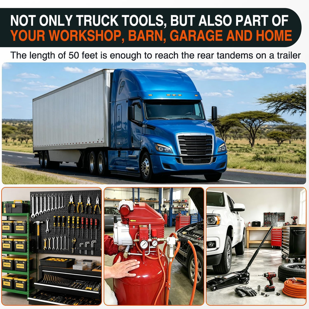 Heavy Duty Truck Tire Inflator Kit 3/8 in x 50 FT 300 PSI | Hybrid Air Hose with Universal Glad Hand and Air Chuck Lightweight Kink Resistant Semi Trailer Tractor Tire Inflation Hose