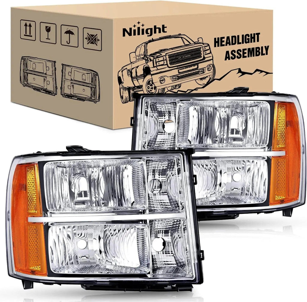 Headlight Assembly Headlight Assembly Chrome Case Amber Corner Clear Lens For Sierra 2008-2014 1500 2008-2013 2500HD 3500HD (Pair)