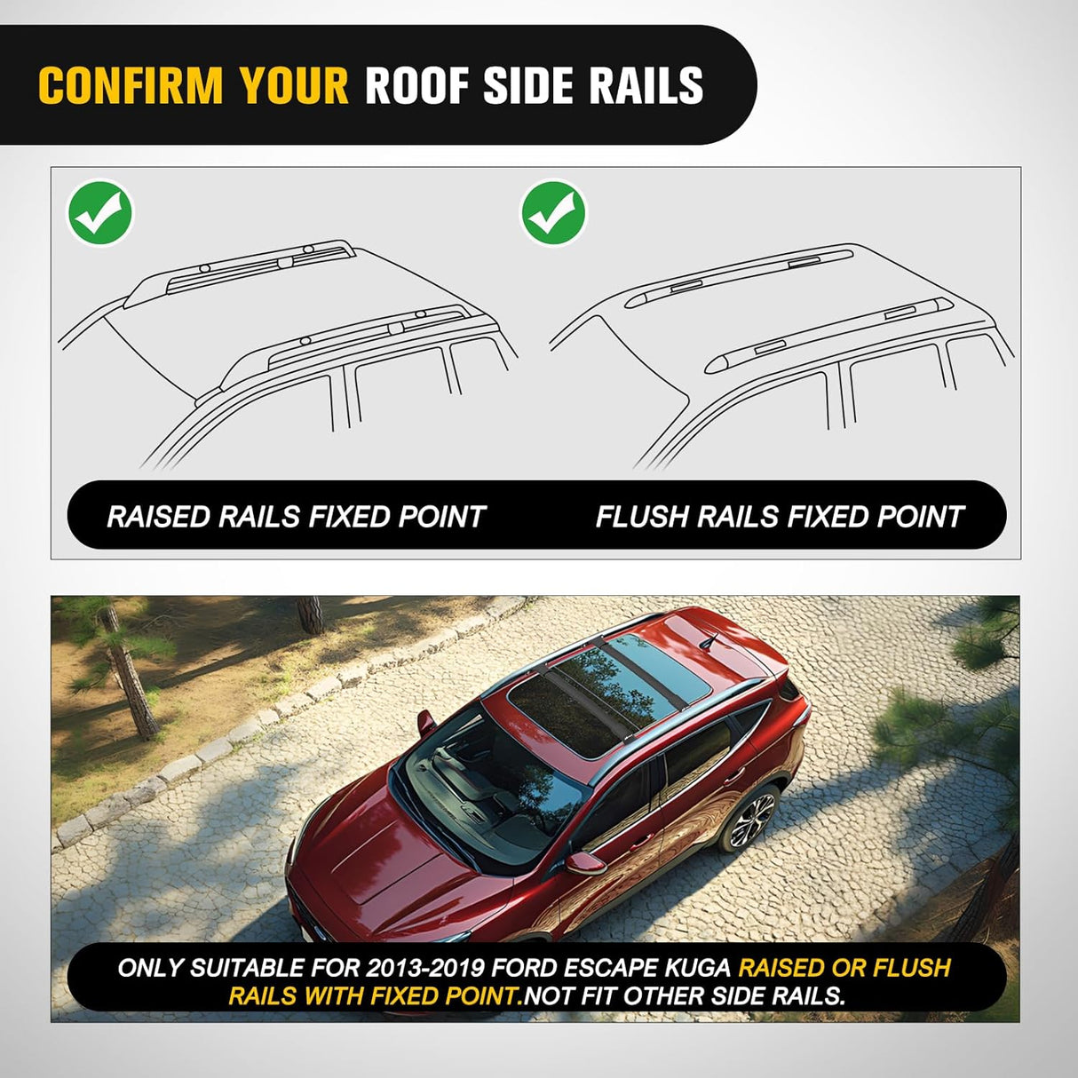 Roof Rack Cross Bars Fit for Ford Escape KUGA 2013 2014 2015 2016 2017 2018 2019 with Side Rails, Adjustable Aluminum Car Crossbars for Cargo Carrier Luggage Bike Kayak Rooftop Tent Snowboard