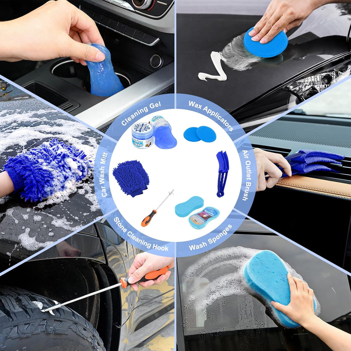 Automotive Tools 37PCS Car Detailing Kit Auto Cleaning Tools Wash Set with Storage Carry Bag Home Use for Interior Exterior Deep Clean Car Care Windshield Dashboard Seat Air Vents Wheels Tires, Blue