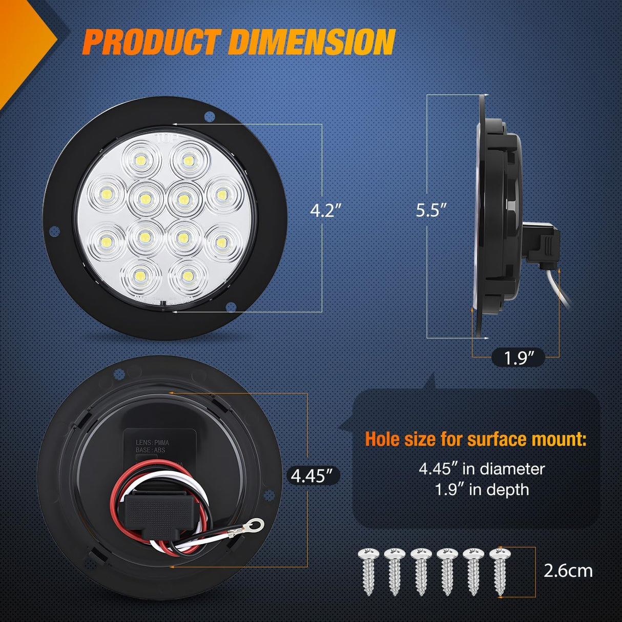 Trailer Tail Lights 2PCS 4Inch Round 12LED White Backup | IP67 Waterproof Screw Mount Marker Clearance Reverse Running Taillights for Trailer Truck Pickup Camper RV