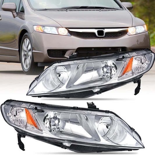 Headlight Assembly Headlight Assembly Compatible with 2006 2007 2008 2009 2010 2011 Honda Civic 4 Door Headlamps Replacement Chrome Housing Amber Reflector Clear Lens Driver and Passenger Side