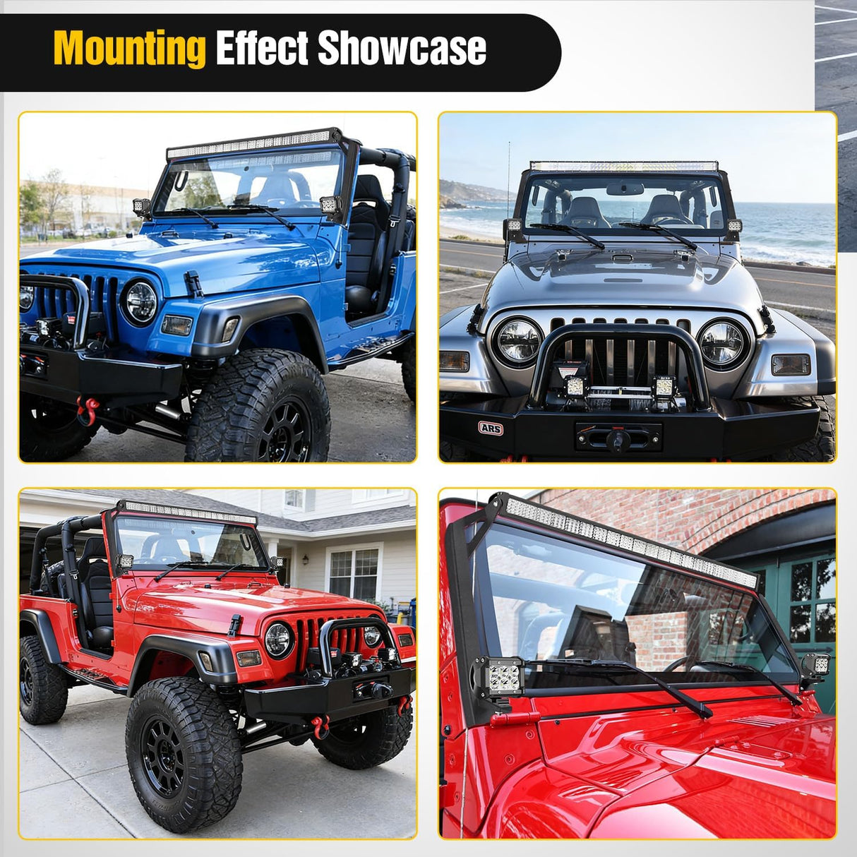 50inch Light Bar Windshield Frame Mounting Brackets for Jeep Wrangler TJ 1997-2006 No-Drill A-Pillar Light Mount for Pod Lights, Heavy Duty Steel Off-Road LED Light Bar Dual Mount