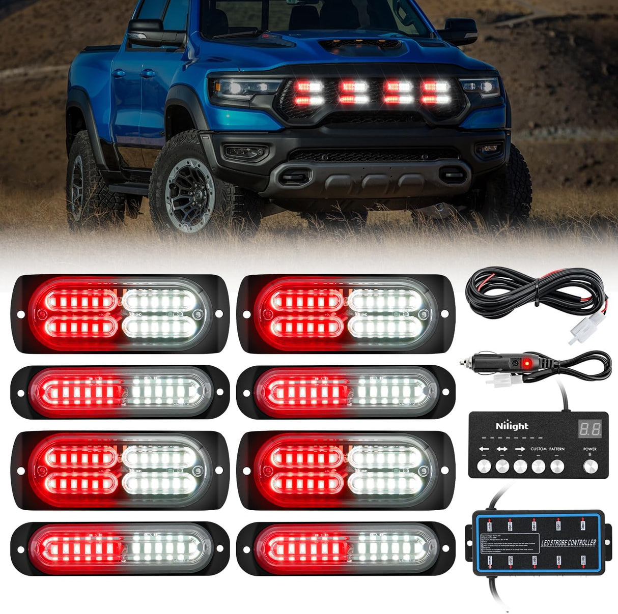 8PCS Led Strobe Lights with Controller 12V 24V Sync Feature Red White Emergency Hazard Warning Light 12 24 LED Surface Mount for Vehicle Car Truck RV ATV