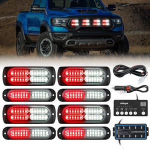 8PCS Led Strobe Lights with Controller 12V 24V Sync Feature Red White Emergency Hazard Warning Light 12 24 LED Surface Mount for Vehicle Car Truck RV ATV