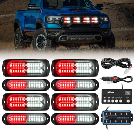 8PCS Led Strobe Lights with Controller 12V 24V Sync Feature Red White Emergency Hazard Warning Light 12 24 LED Surface Mount for Vehicle Car Truck RV ATV