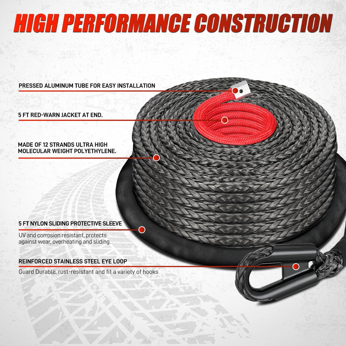 Synthetic Winch Rope, 3/8 Inch x 82 FT 25000 Ibs Winch Line Replacement for ATV UTV 4WD Off-Road Vehicle Jeep SUV Truck Winch Cable Accessory with Red Jacket Rope and Protective Sleeve, Black