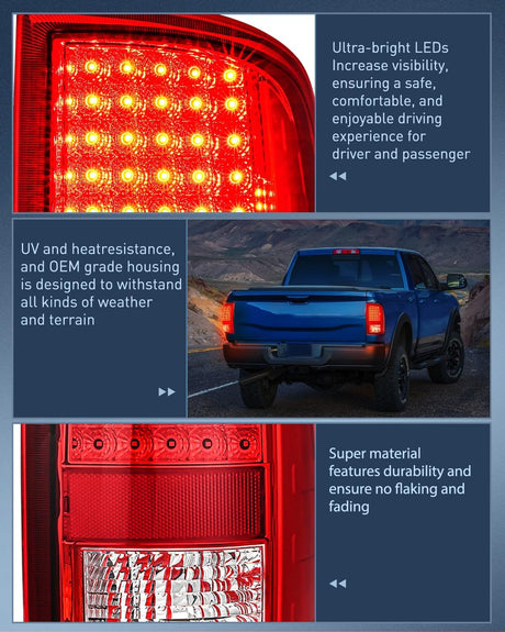 Taillight Assembly Compatible with 2009 2010 2011 2012 2013 2014 2015 2016 2017 2018 Dodge Ram 1500 2010-2018 Ram 2500 3500 Incandescent Type Upgrade LED Tail Lights Rear Brake Lamps