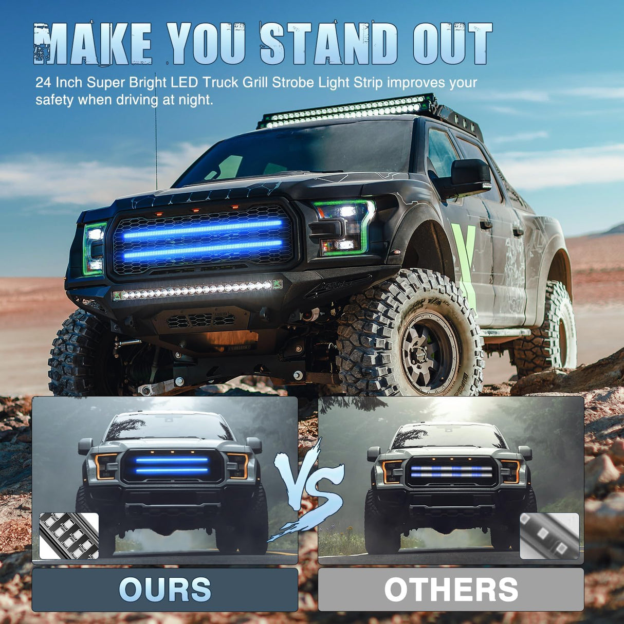 2PCS 24 inch Truck Grille Strobe Lights Strip 384 LED Emergency Light Blue Flexible Side Flashing Warning Caution Safety Waterproof Lighting Kit for Trucks Tow Plow Construction Vehicles