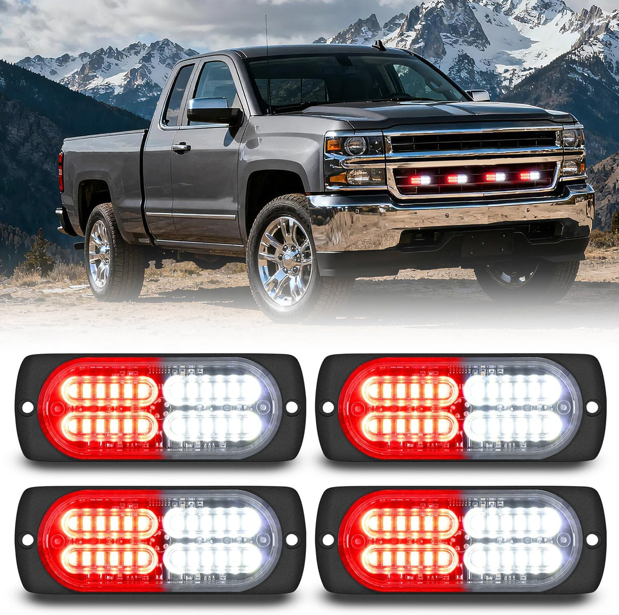 4PCS 24LED Emergency Strobe lights 12V 24V Red White Surface Mount Grille Hazard Safety Warning Light Sync Feature Side Flashing Marker Flash for Car Truck Campers