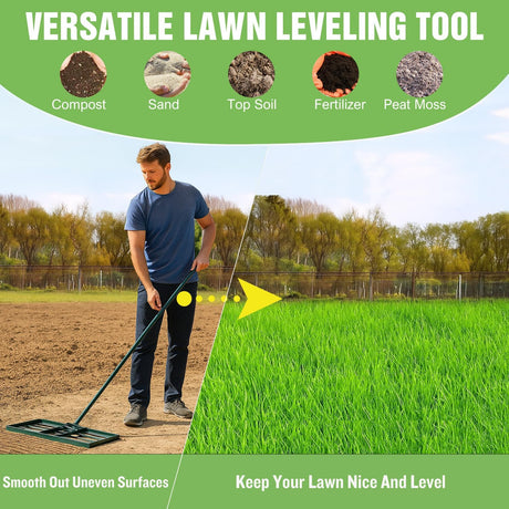 Lawn Leveling Rake 30 Inch for Soil Yard Leveling Rake with 30 Inchx10 Inch Ground Plate 72 Inch Steel Handle Effort-Saving Heavy Duty Ground Leveler Tool for Backyard Garden Farm Golf Course Landscaping