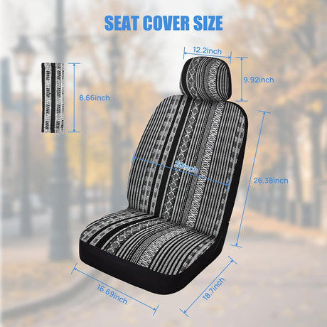 Car Seat Covers 2PCS Black Stripes Baja Saddle Blanket with Shoulder Pads Breathable Washable Striped Woven Airbag Compatible Universal for Cars SUV Truck Front Seat