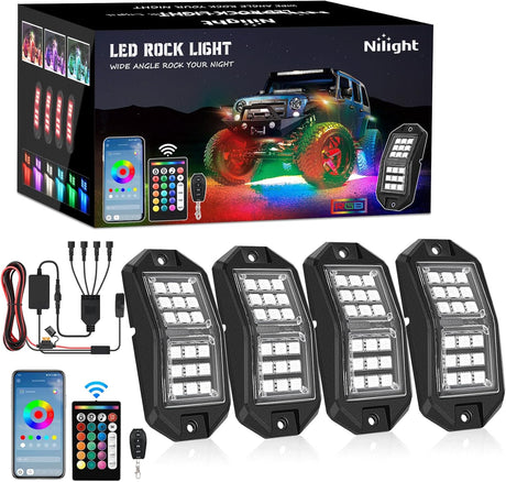 RGB LED Rock Lights Kit 4 PCS 18LED Wide Angle Wheel Well Light with Remote & Bluetooth App Dual Control Multi Modes Underglow Multicolor Neon Pod for ATV UTV SUV Offroad Truck RZR Boat