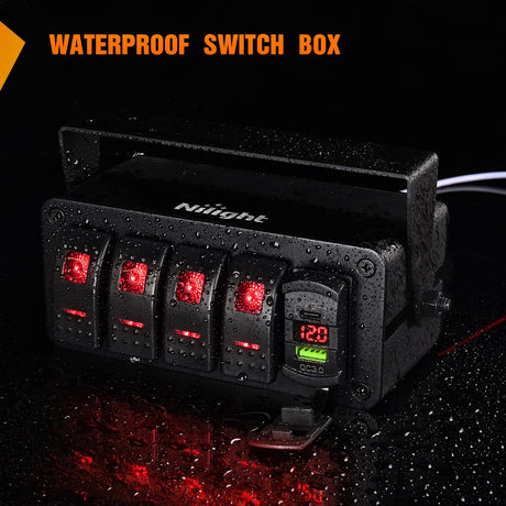 4 Gang Rocker Switch Box 12V SPST ON Off Toggle Switches PD Type C and QC 3.0 USB Charger Voltmeter LED Light Waterproof Aluminum Mount Bracket Panel DIY Stickers for Boat Car RV Truck