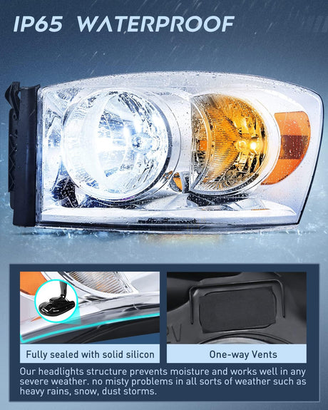 2007-2009 Dodge Ram 1500 2500 3500 Headlight Assembly Chrome Housing Amber Reflector Clear Lens Nilight