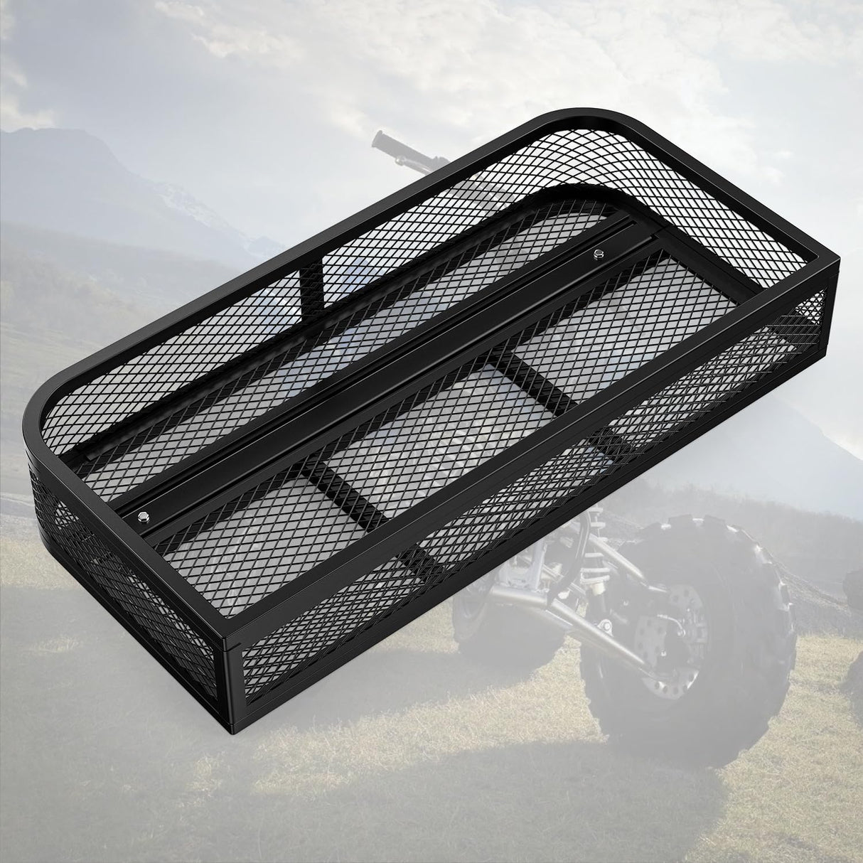 ATV Front Cargo Basket, 17 Inch W x 36 Inch L x 6.3 Inch H Racks and Baskets with Steel Mesh Frame, Heavy Duty ATV Storage Cargo Box Attachments for Luggage Carrier