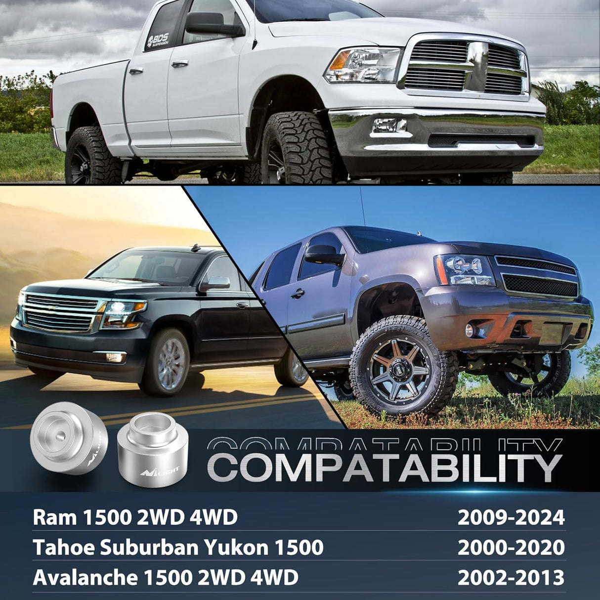 2inch Rear Leveling Kit for 2009-2023 Ram 1500 2000-2020 Tahoe Suburban Yukon 1500 2002-2013 Avalanche 1500 2WD 4WD Rear Raise Suspension Strut Spacers