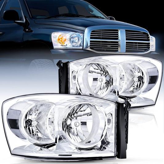 Headlight Assembly Headlight Assembly Chrome Housing Clear Reflector Clear Lens For 2007-2009 Dodge Ram 1500/2500/3500
