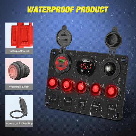 5 Gang Multi Function Waterproof Switch Panel PD Type C and USB Socket Digital Voltmeter 12V Outlet Rocker with Inline Fuse for RVs Cars Boats Trucks Trailers Red