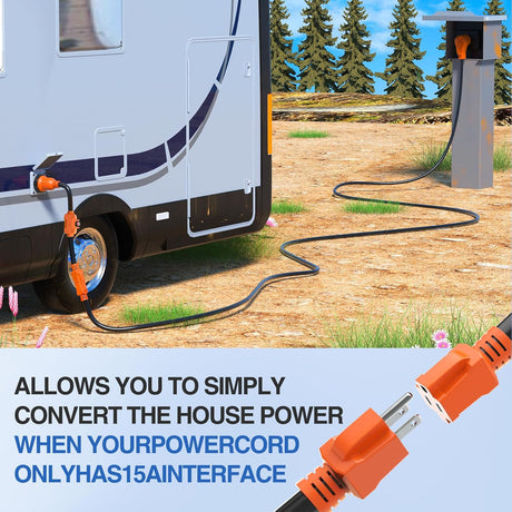 RV Locking Adapter Cord with Circuit Breaker Overload Protector 15 Amp to 30 Amp Plug 110V Electrical 10 Gauge Wire ETL Listed 5-15P to L5-30R 15M/30F Weatherproof for RV Camper Caravan Van