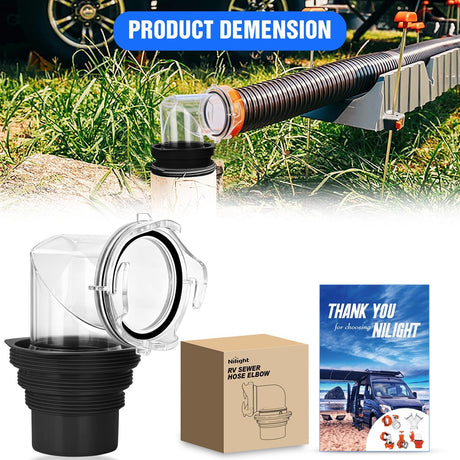 90 Degree RV Sewer Hose Fittings with 4-in-1 Adapter, Clear RV Sewer Hose Elbow Leak-Proof Connection & Odor-Tight Seal Fits 4 Sizes of Dump Station Inlets for Campers Travel Trailers, Black
