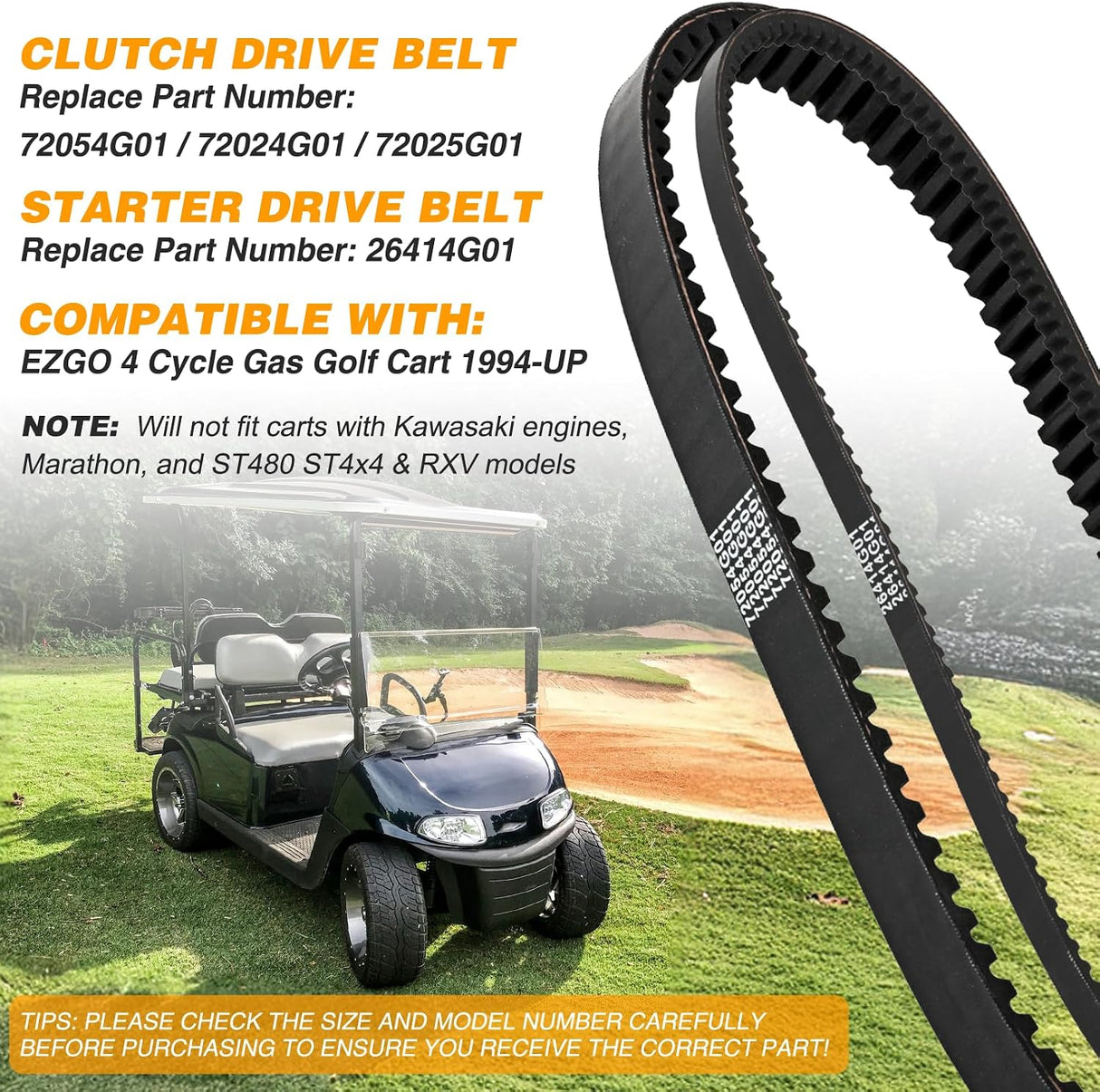 Clutch Drive Belt & Starter Belts Kit for EZGO TXT Cushman Express Marathon Medalist ST 4 Cycle Gas Golf Cart 1994-2013#72054G01, 72024G01, 72025G01, 26414G01 Smooth Engagement Aramid Rubber