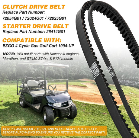 Clutch Drive Belt & Starter Belts Kit for EZGO TXT Cushman Express Marathon Medalist ST 4 Cycle Gas Golf Cart 1994-2013#72054G01, 72024G01, 72025G01, 26414G01 Smooth Engagement Aramid Rubber